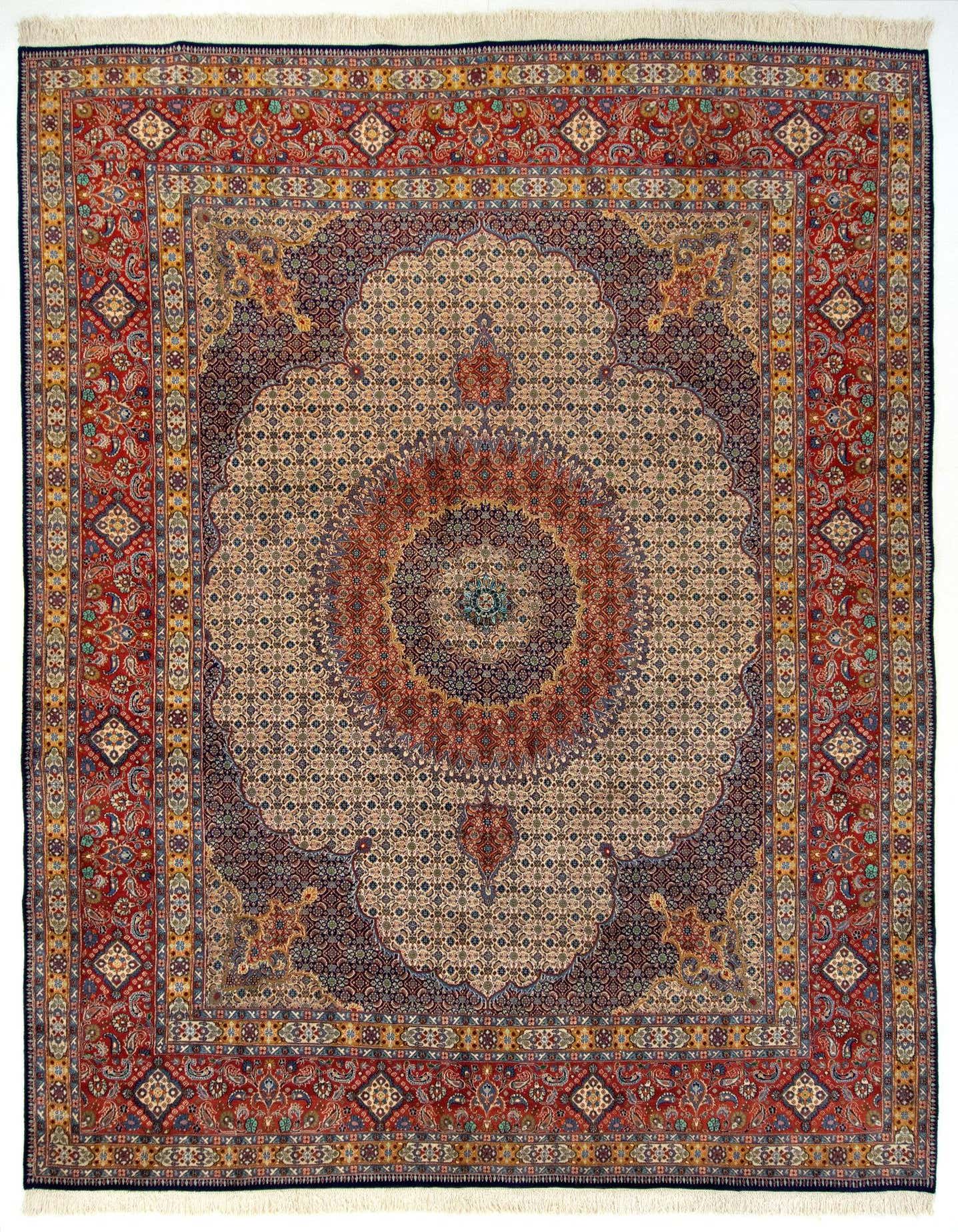 A 10x13 rectangular multicolor Persian wool rug featuring an intricate central medallion and a detailed red border.