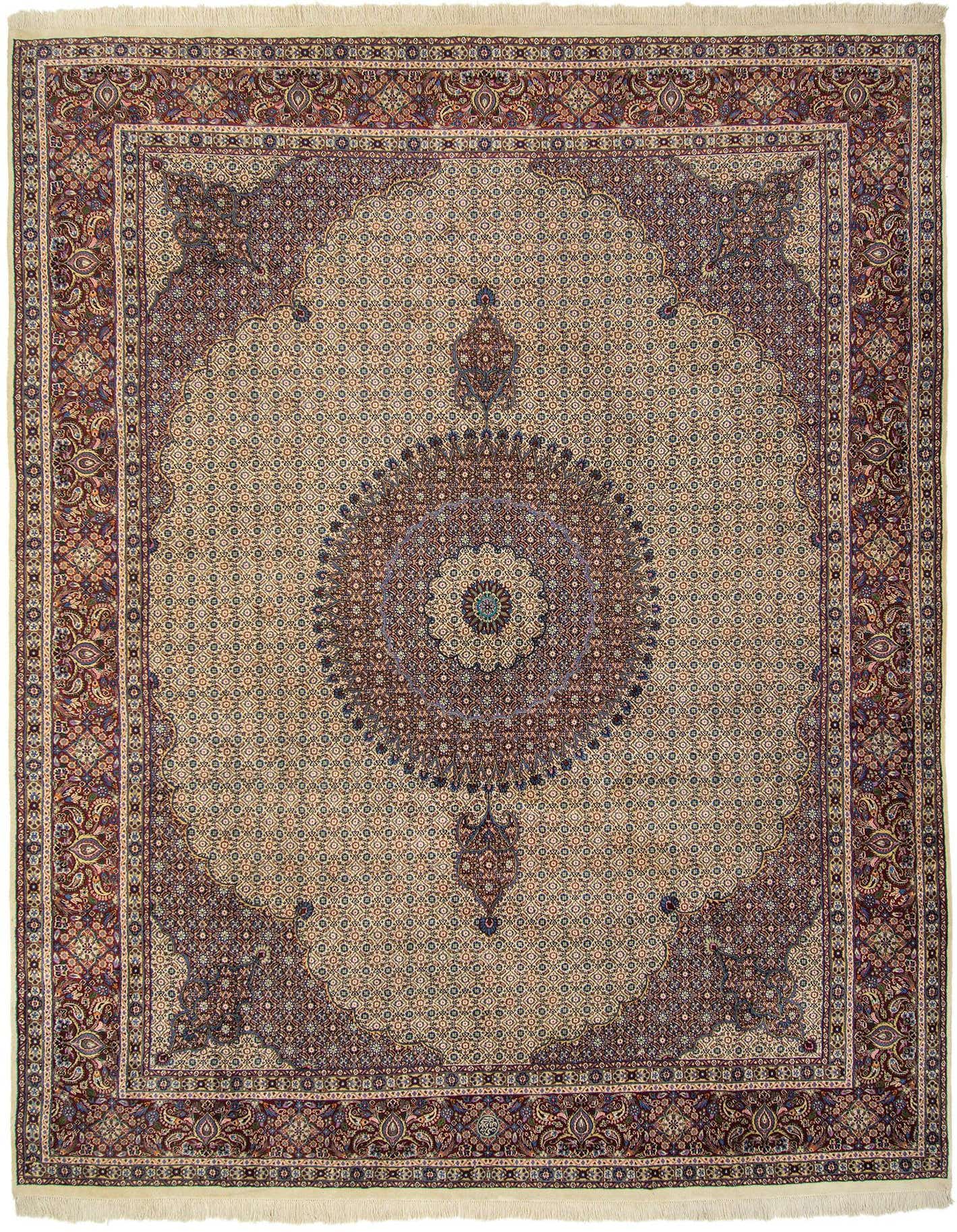 A 10x13 rectangular multicolor Persian rug featuring a central medallion and intricate floral patterns in a living room setting.