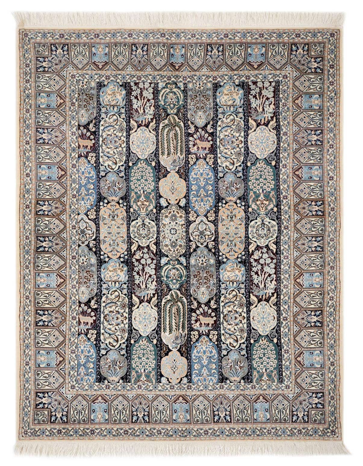 A 4x6 rectangular Multicolor Persian rug with intricate floral and animal motifs, featuring shades of blue, cream, and brown, suitable for a living room.