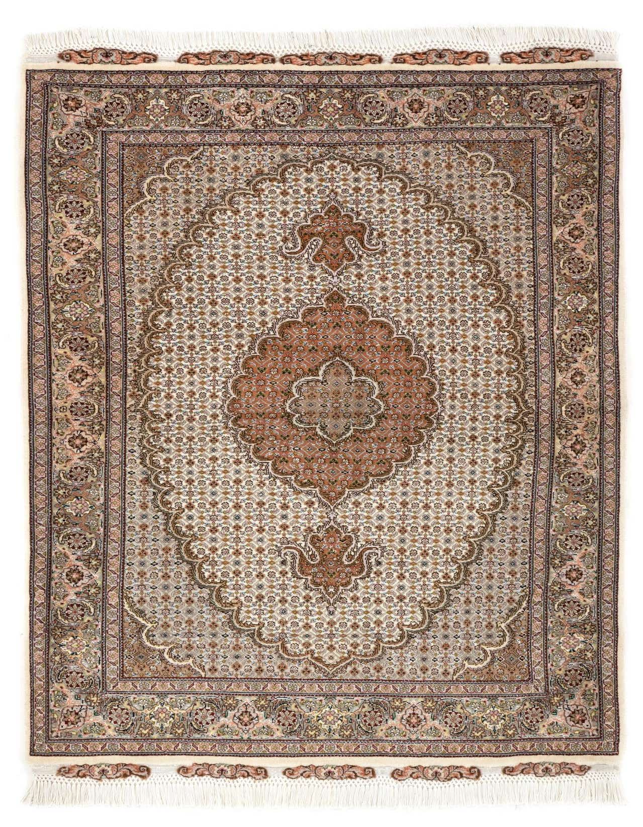 A 3x5 rectangular multicolor Persian Tabriz Mahi wool rug with a central medallion and intricate floral patterns, ideal for an entryway.