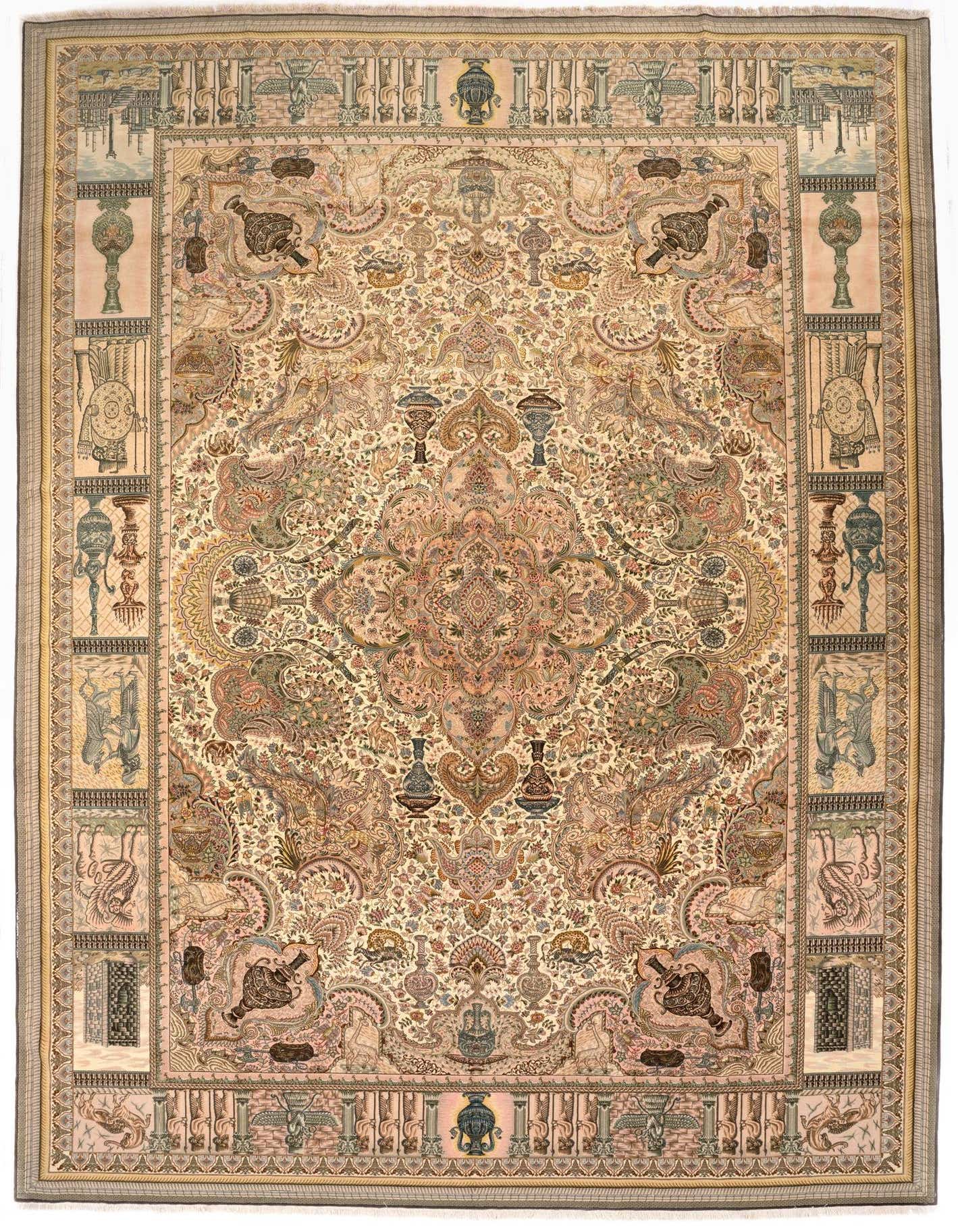 A large 12x16 rectangular Persian Tabriz rug with a detailed multicolor floral and medallion pattern on a light background, featuring intricate borders.