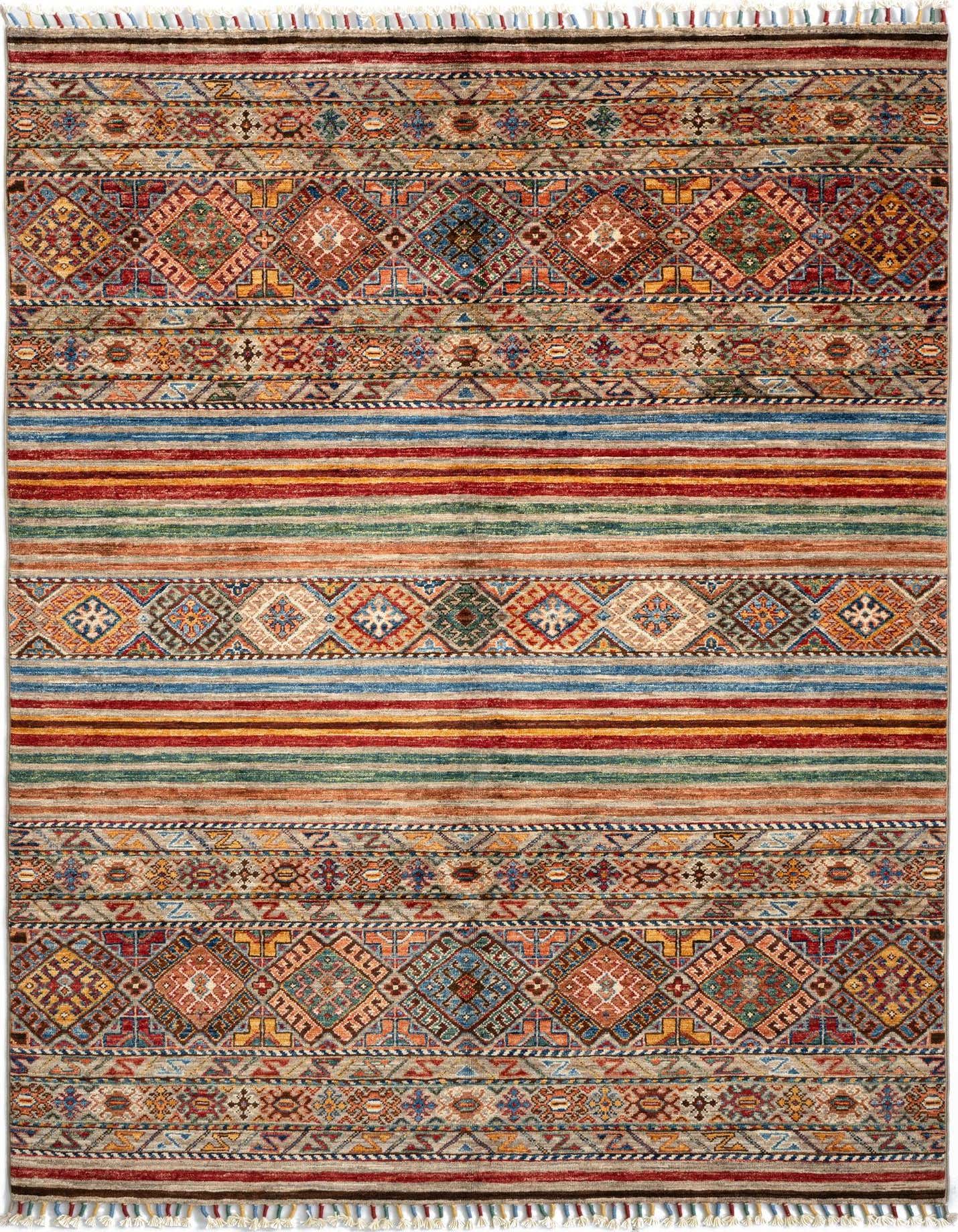 A 4x6 rectangular Torkman Persian rug, handmade from wool, featuring vibrant multicolor stripes and intricate geometric patterns.