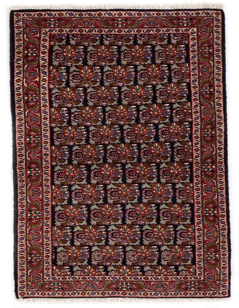 A 5 ft runner rug in a traditional Bidjar style, featuring a dark blue field with intricate floral patterns in red, blue, and green, framed by a detailed red border.