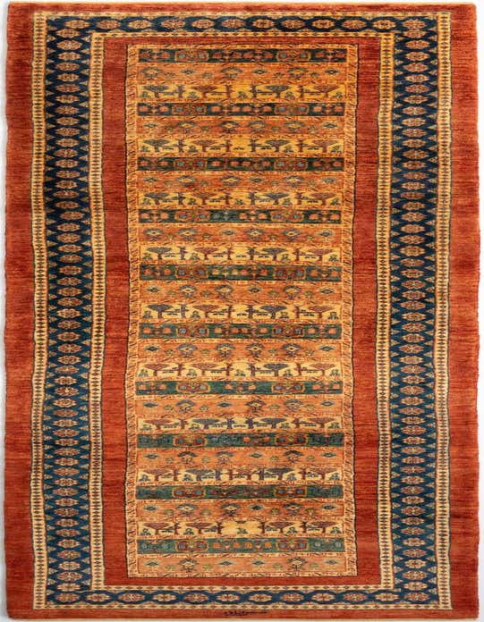 A 12 ft Multicolor Persian runner rug with a central panel of geometric and animal motifs, bordered by intricate blue and gold patterns, perfect for a hallway.