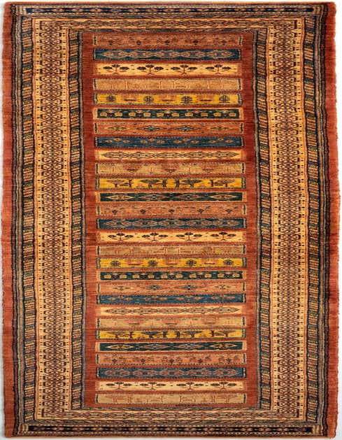 A 14 ft Multicolor Persian Luribaft wool runner rug with traditional patterns in rust, gold, and deep blue, perfect for a hallway.