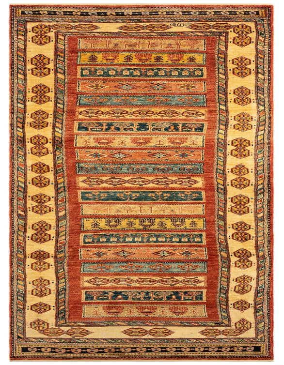 A handmade 9 ft runner rug with a multicolor Persian pattern, featuring a red and gold field with intricate traditional motifs.