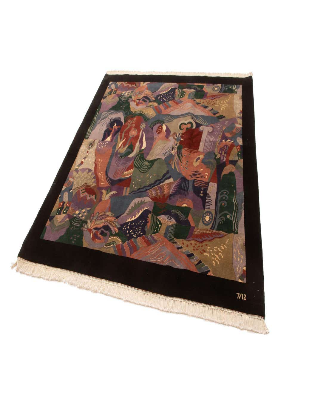 A 6' 11 x 7' 1 square multicolor wool and silk rug with an abstract, earthy pattern and a dark border.