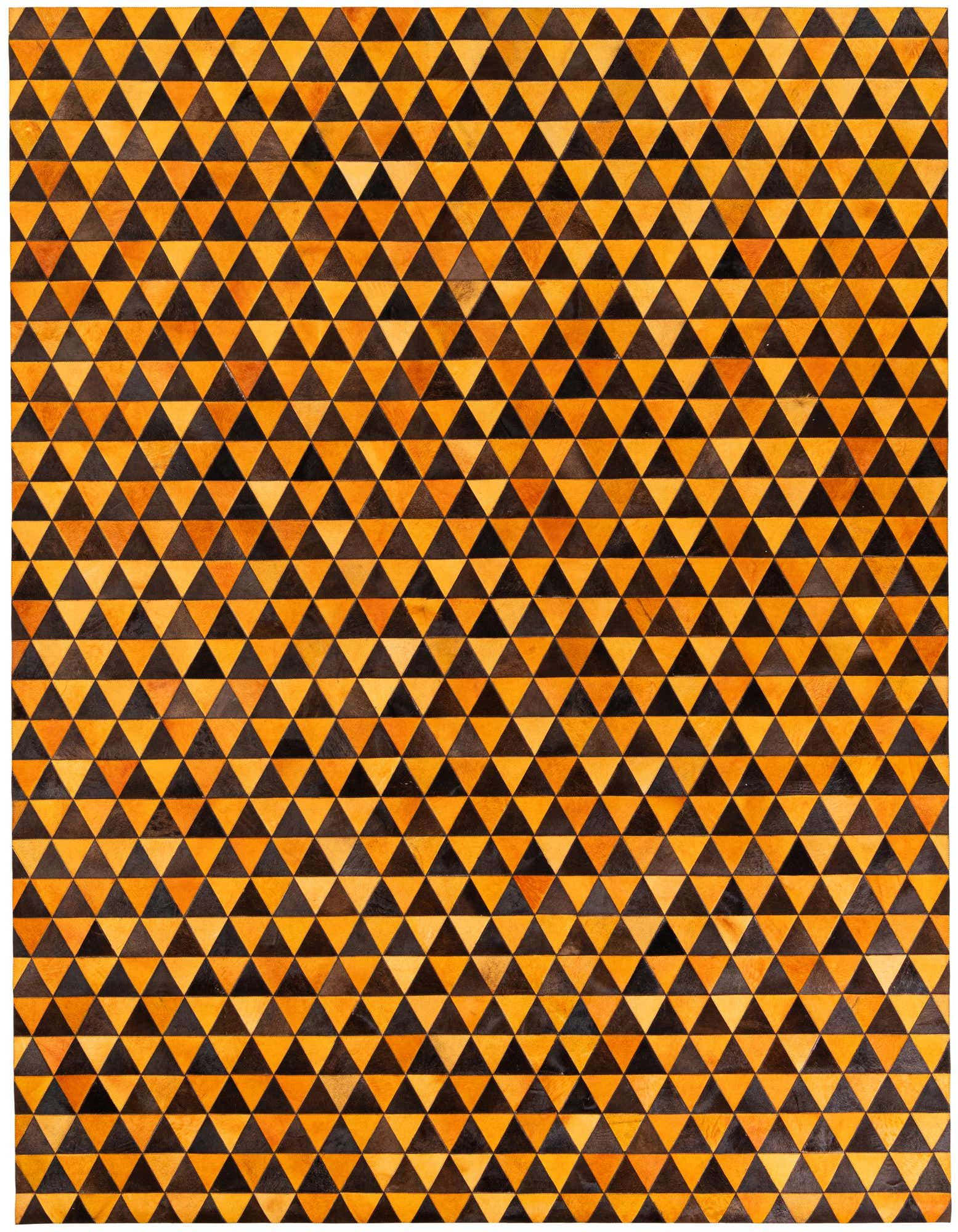 A rectangular 8x10 Cowhide & Leather rug featuring a modern geometric pattern of alternating mustard yellow and brown triangles.