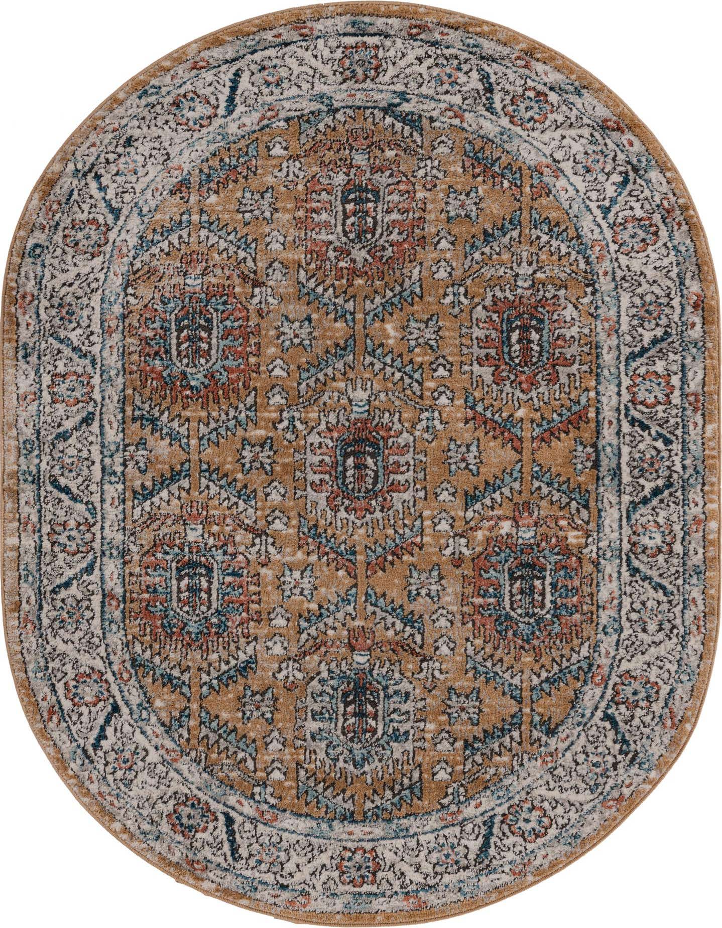 An oval 4'x6' Nyla Collection rug with a gold, blue, and rust traditional medallion pattern and a distressed white border.