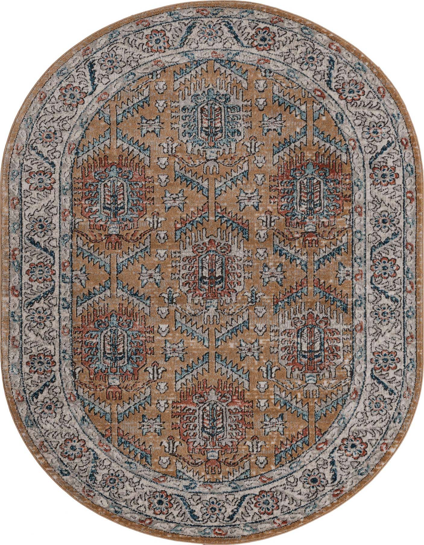 An oval 5'3" x 8'0" Nyla Collection rug in yellows/golds with a traditional, vintage medallion pattern and a decorative border.