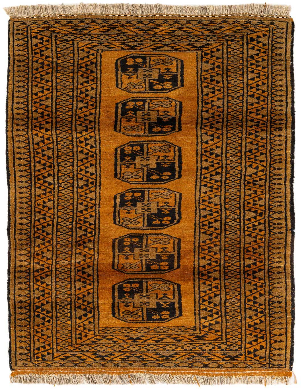 A 4x6 rectangular Afghan Akhche rug in yellows/golds with a traditional tribal pattern and fringe.