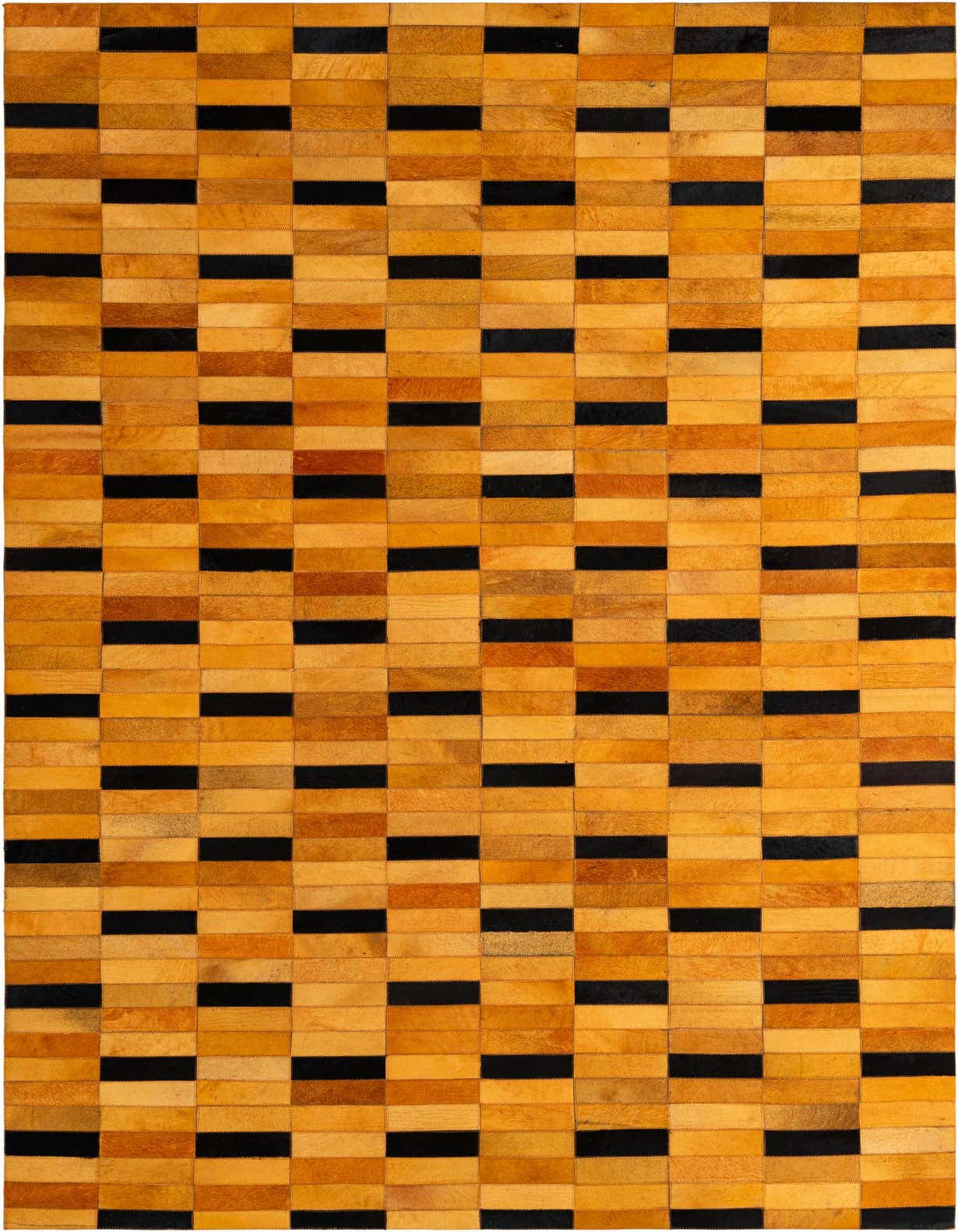 A 5x8 rectangular Cowhide Patchwork rug featuring a modern stripe pattern in varying shades of yellow and gold with intermittent black rectangular patches.