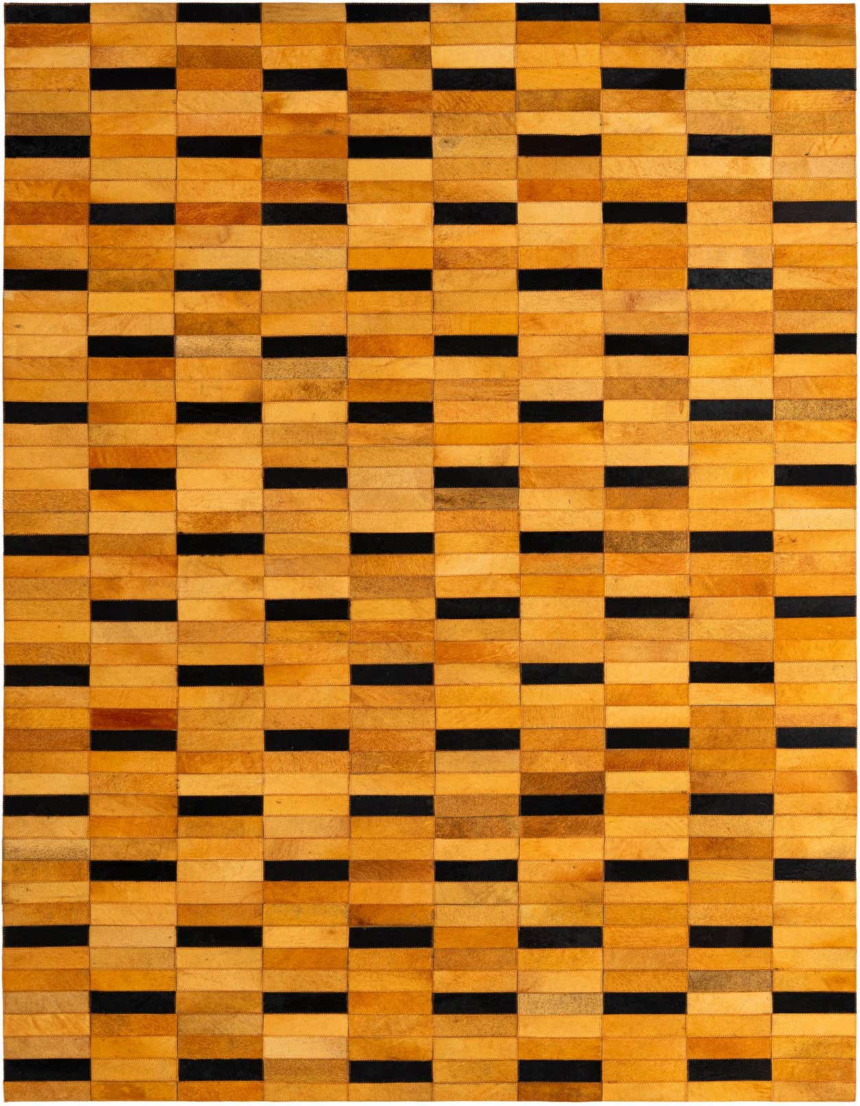 A 5x8 rectangular Cowhide - Patchwork rug featuring a modern stripe pattern of yellow/gold and black rectangles.