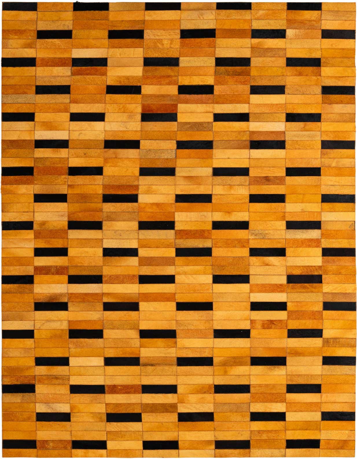 A 5x8 rectangular Cowhide Patchwork rug featuring a modern striped pattern of varying yellow and gold rectangular patches interspersed with black stripes.