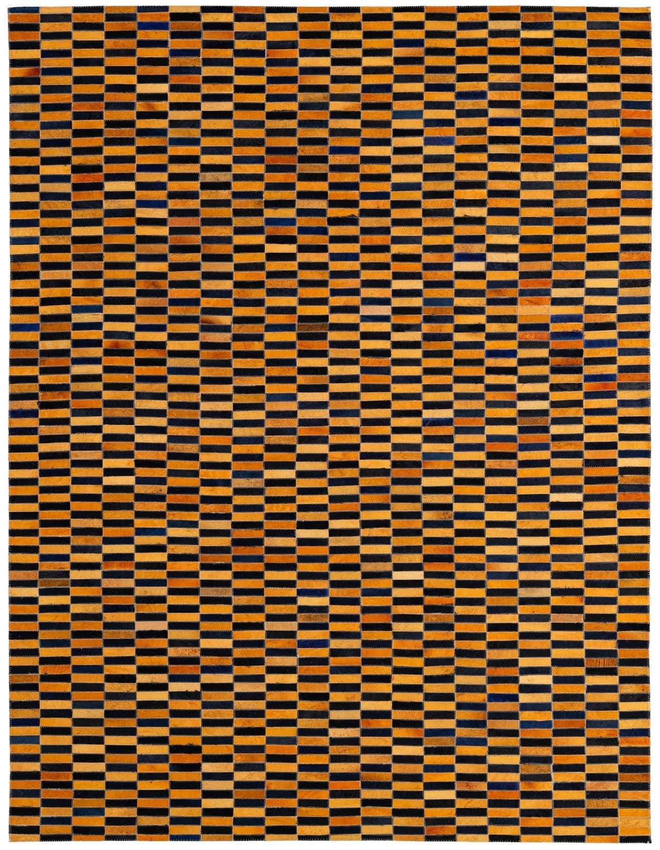 A 5x8 rectangular yellow and black modern patchwork cowhide rug with a striped pattern, ideal for a living room.