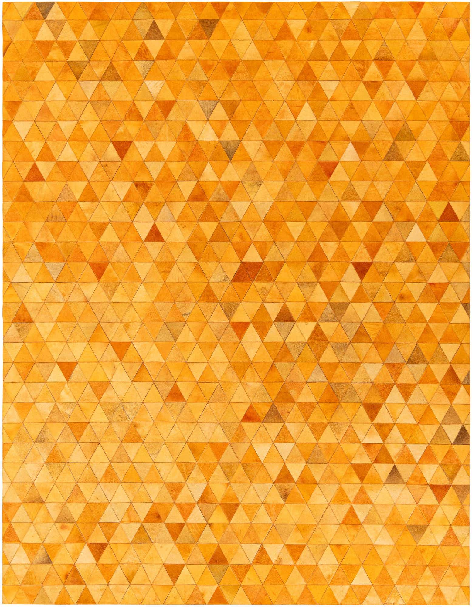 A rectangular 8x10 Cowhide Stocks rug from Rugs.com featuring a modern geometric pattern of varying yellow and gold triangles.