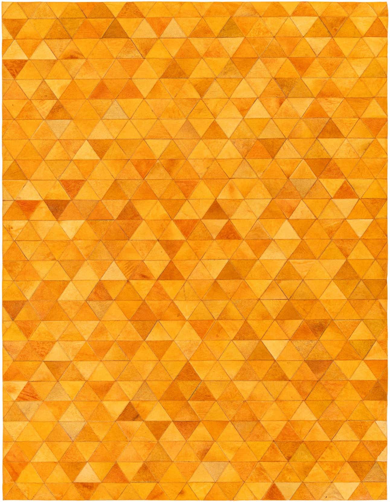 A 5x8 rectangular Cowhide Stocks rug from Rugs.com, featuring a modern geometric pattern of varying yellow and gold triangular patches, perfect for an indoor living space.