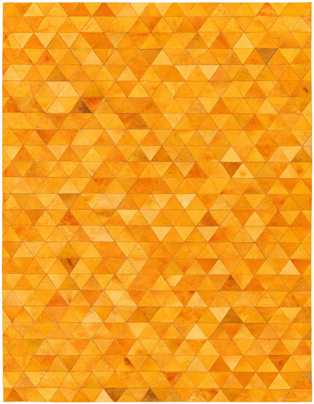 A 5x8 rectangular yellow cowhide rug with a modern geometric pattern of varying golden triangles.