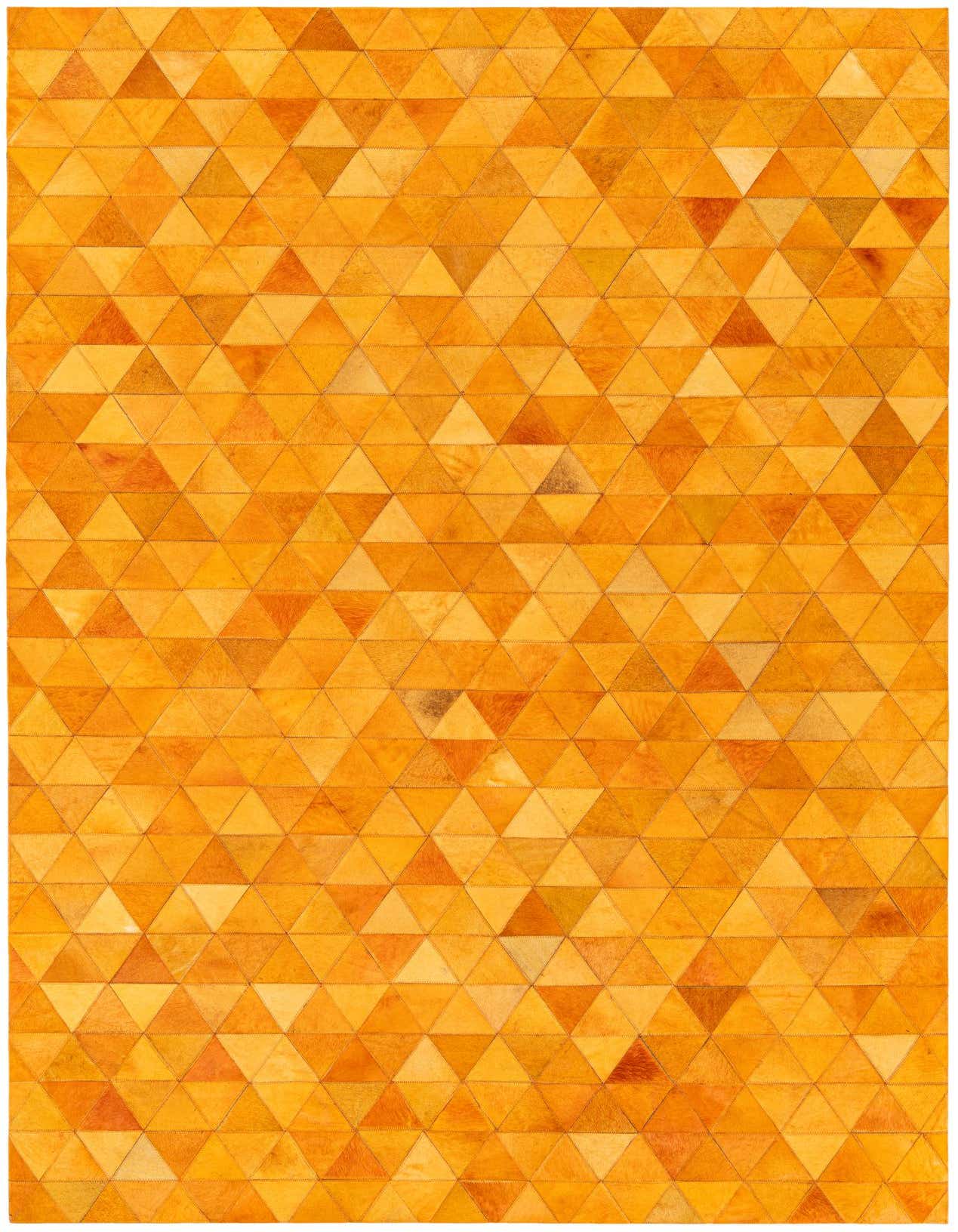 A 5x8 rectangular yellow and gold modern cowhide rug with a geometric triangular pattern, ideal for a living room.