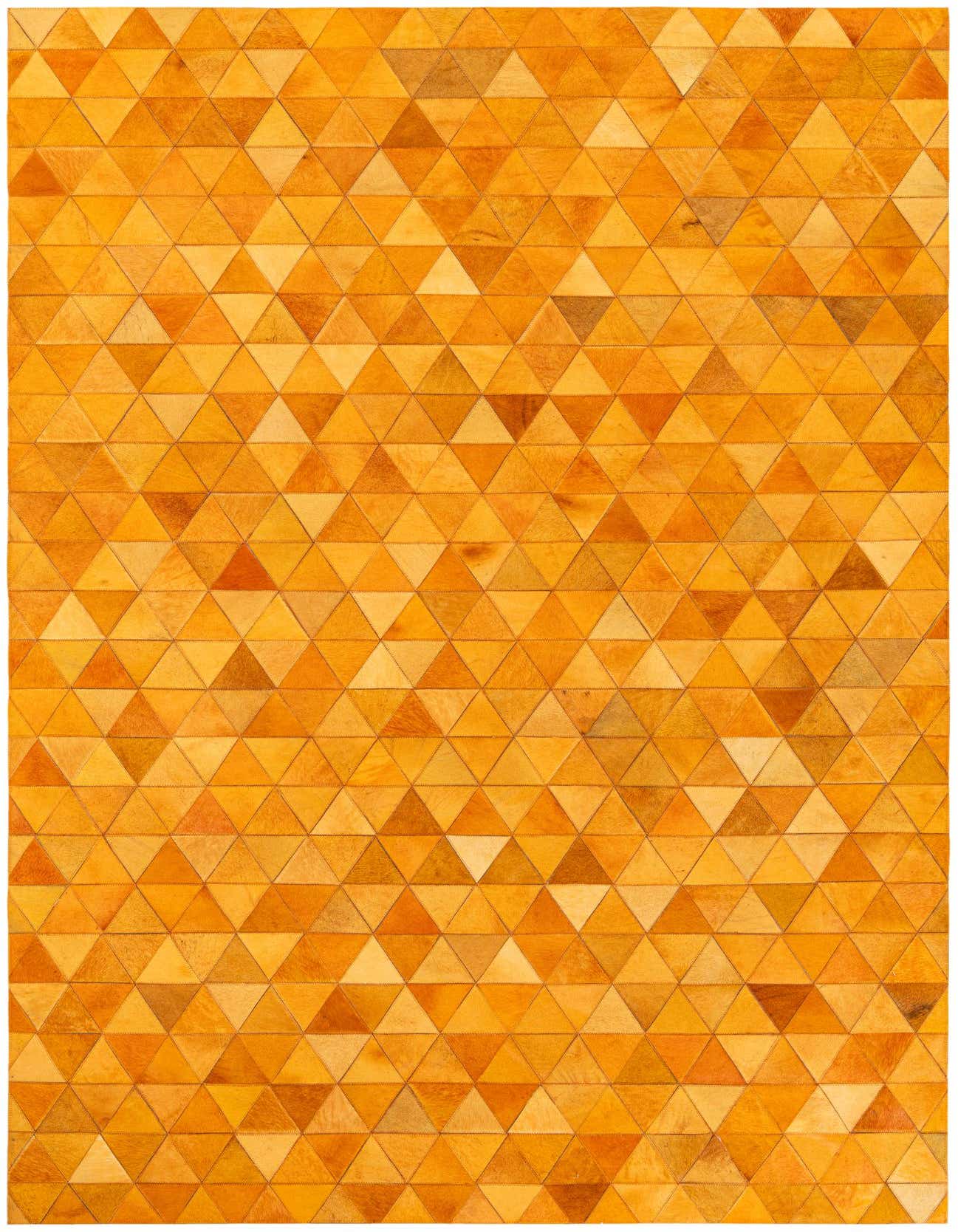 A 5x8 rectangular yellow and gold modern cowhide rug with a geometric triangular patchwork pattern.