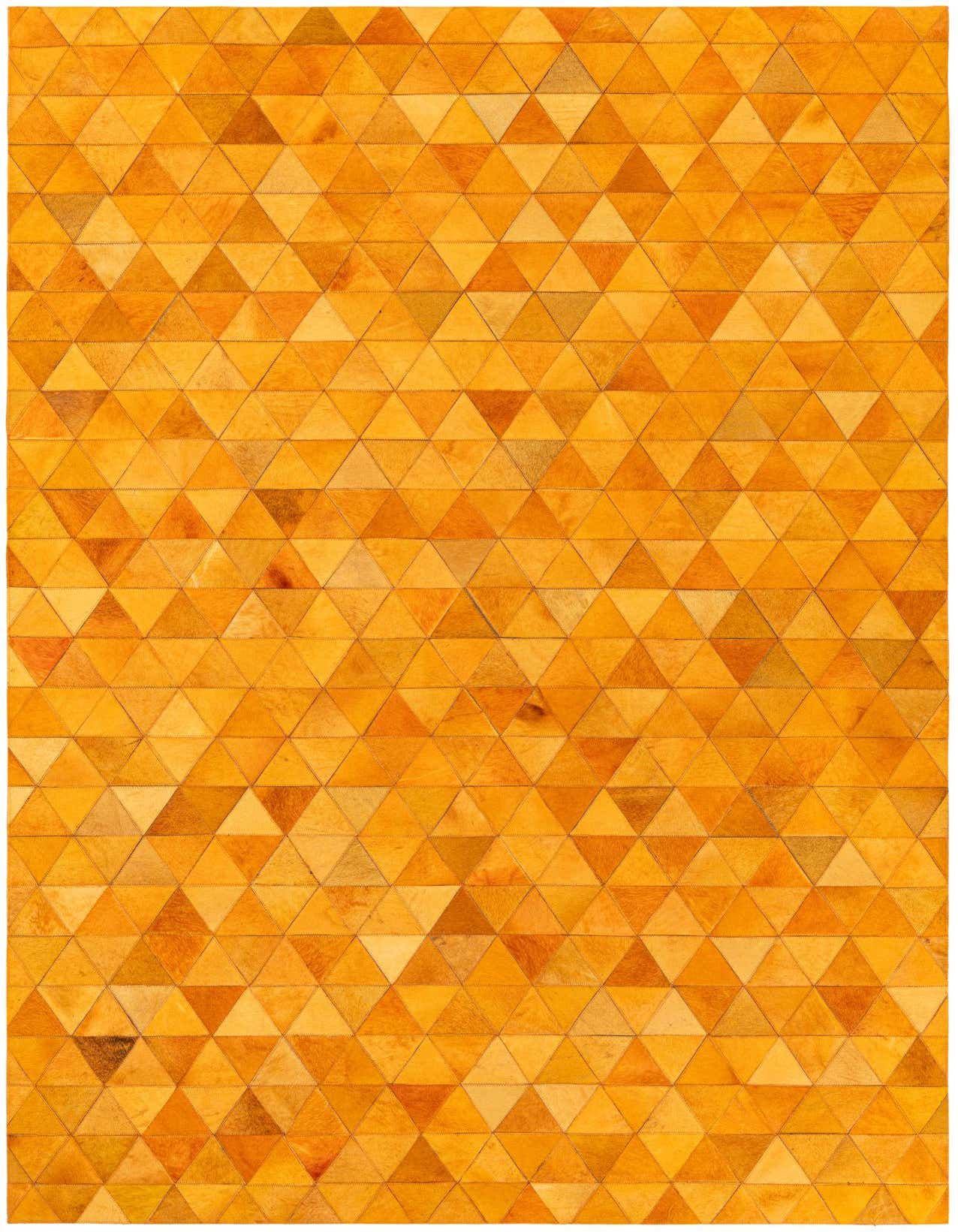 A 5x8 rectangular Cowhide Stocks rug from Rugs.com featuring a modern geometric pattern of yellow and gold triangles.