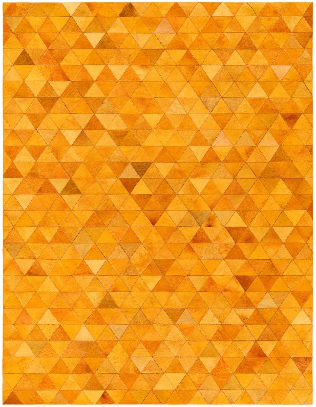 A 5x8 rectangular Cowhide Stocks rug from Rugs.com featuring a modern geometric pattern of yellow and gold triangular cowhide patches.
