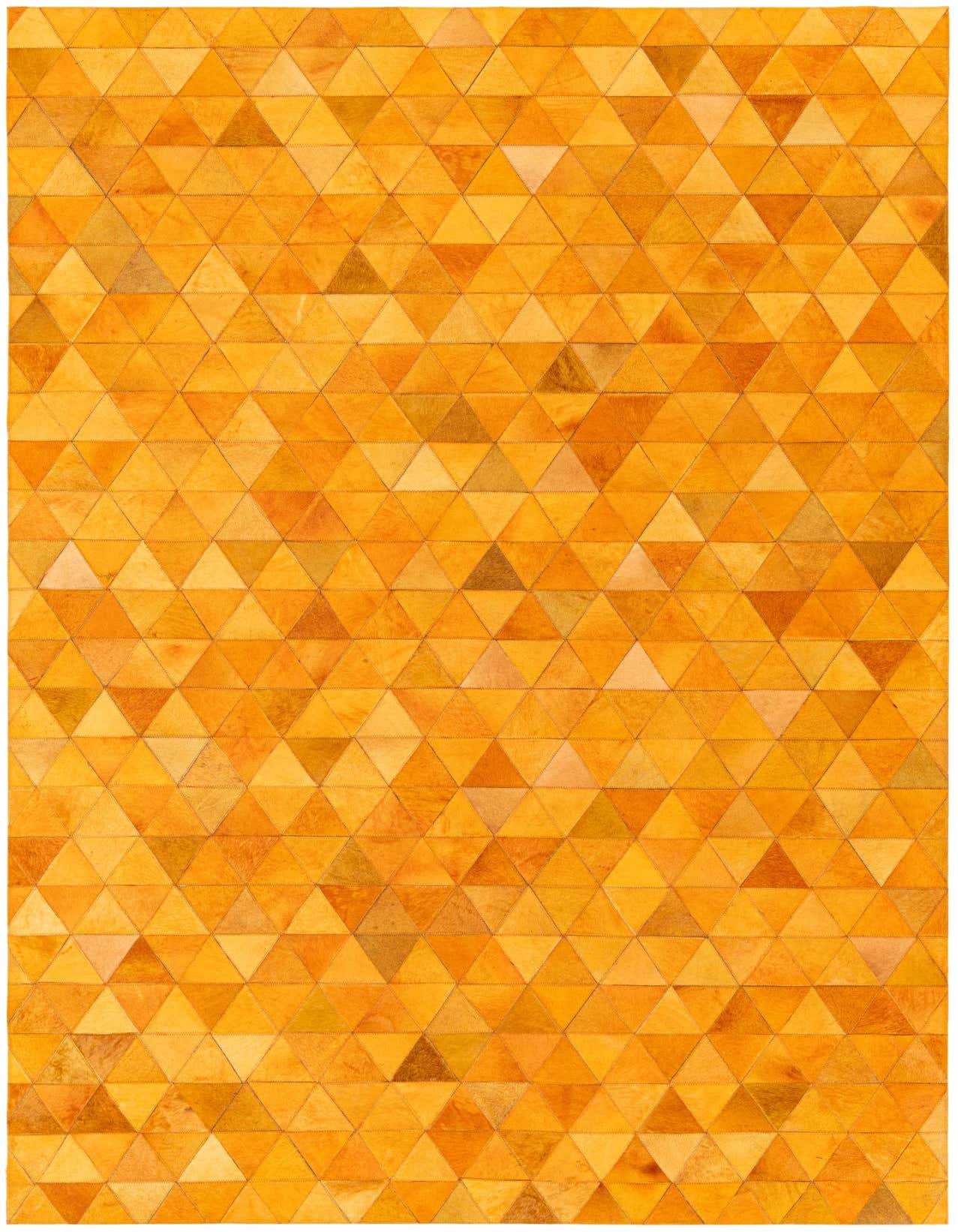 A 5x8 rectangular Cowhide Stocks rug in varying shades of yellow and gold, featuring a modern geometric triangular pattern.