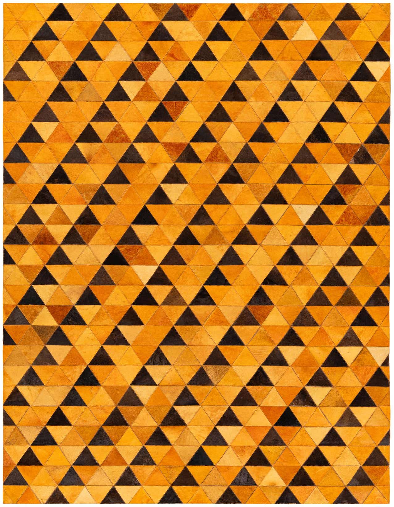A 5x8 rectangular Cowhide Stocks rug featuring a modern geometric pattern of alternating yellow/gold and black triangles.
