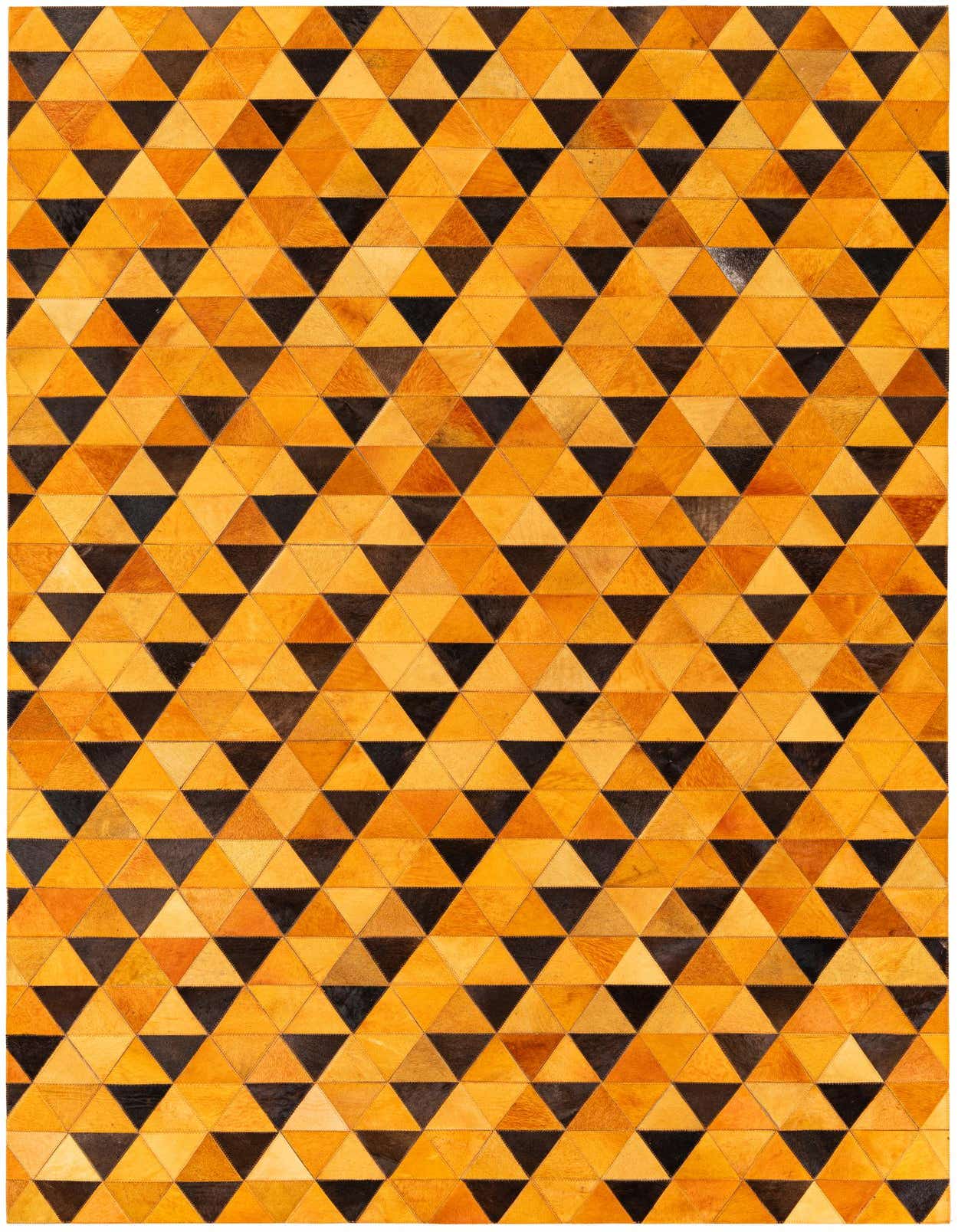 A 5x8 rectangular yellow and black modern cowhide rug with a geometric triangular pattern.