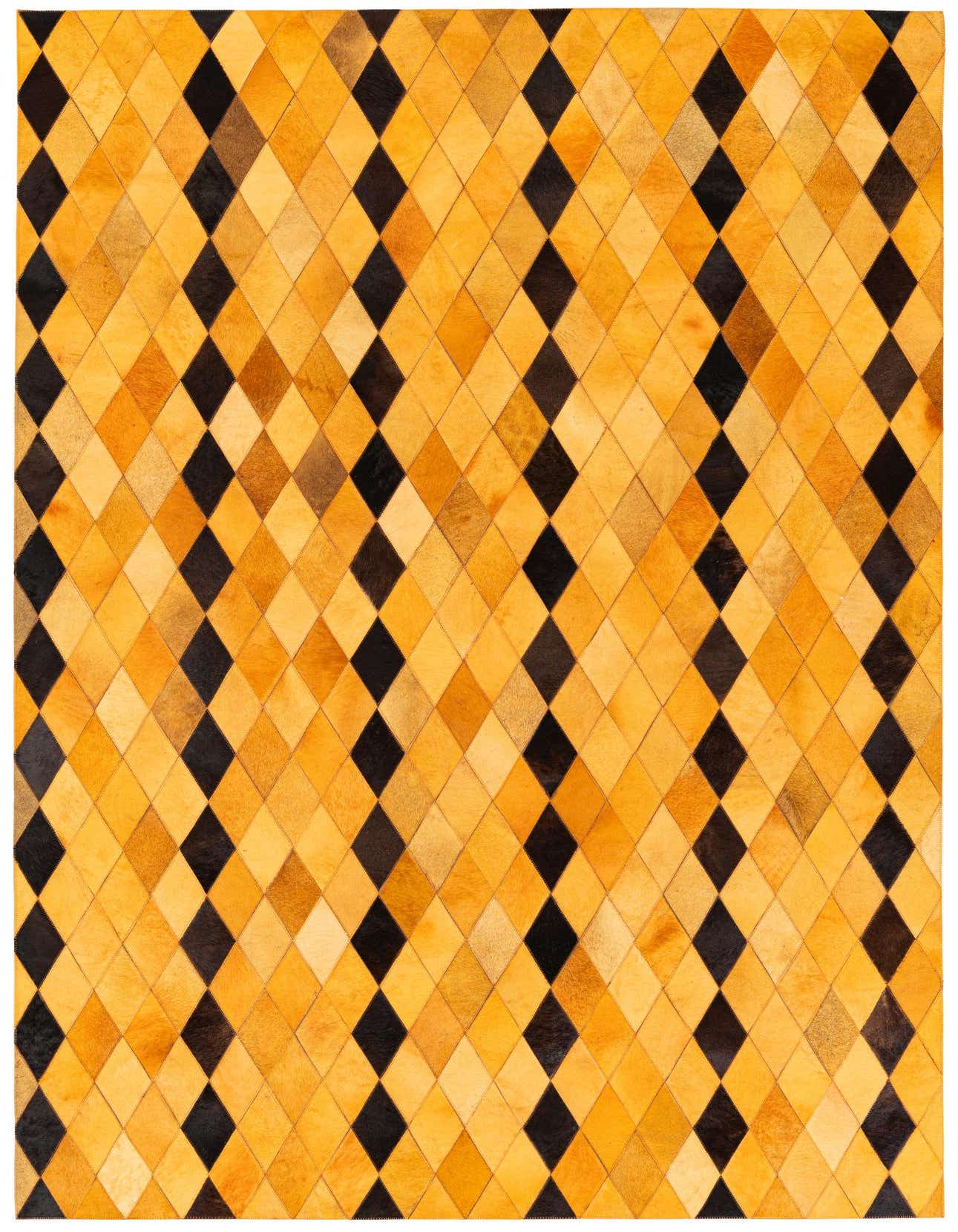 A 5x8 rectangular yellow and black modern cowhide rug with a diamond pattern, perfect for a living room or bedroom.