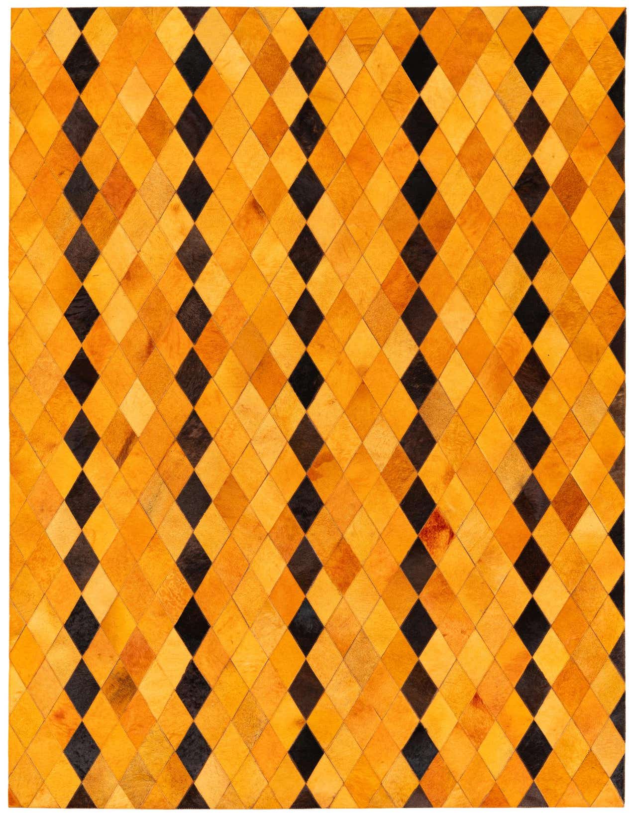 A 5x8 rectangular yellow and black modern cowhide rug with a diamond pattern, perfect for a living room.