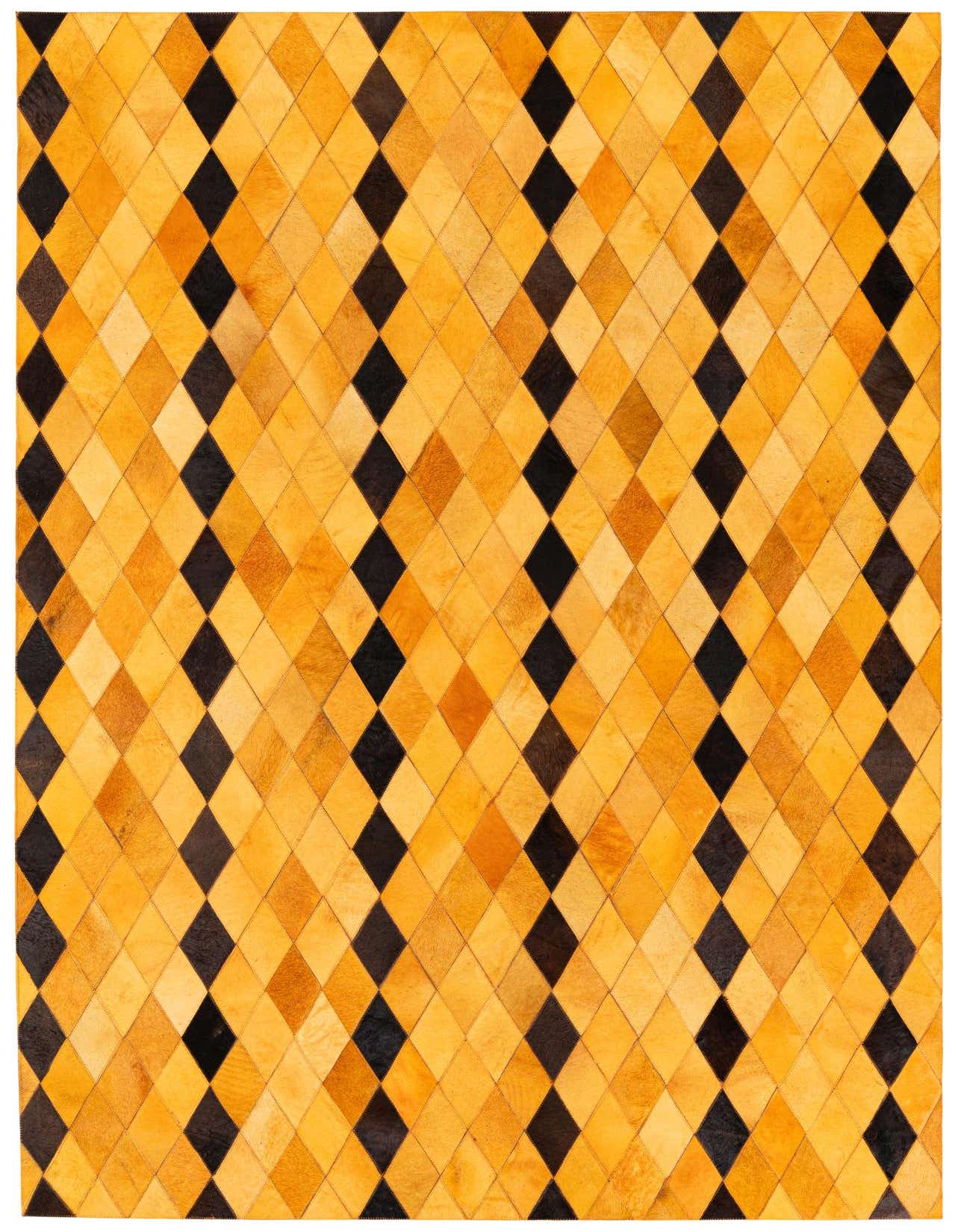 A 5x8 rectangular modern cowhide rug featuring a geometric diamond pattern in varying shades of yellow and black.
