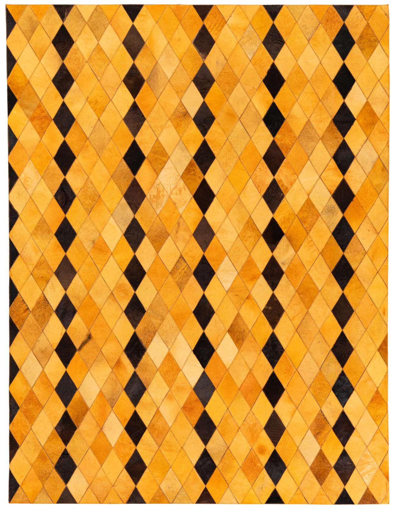 A 5x8 rectangular Cowhide Stocks rug featuring a modern geometric pattern of yellow and gold diamond patches interspersed with black diamonds.