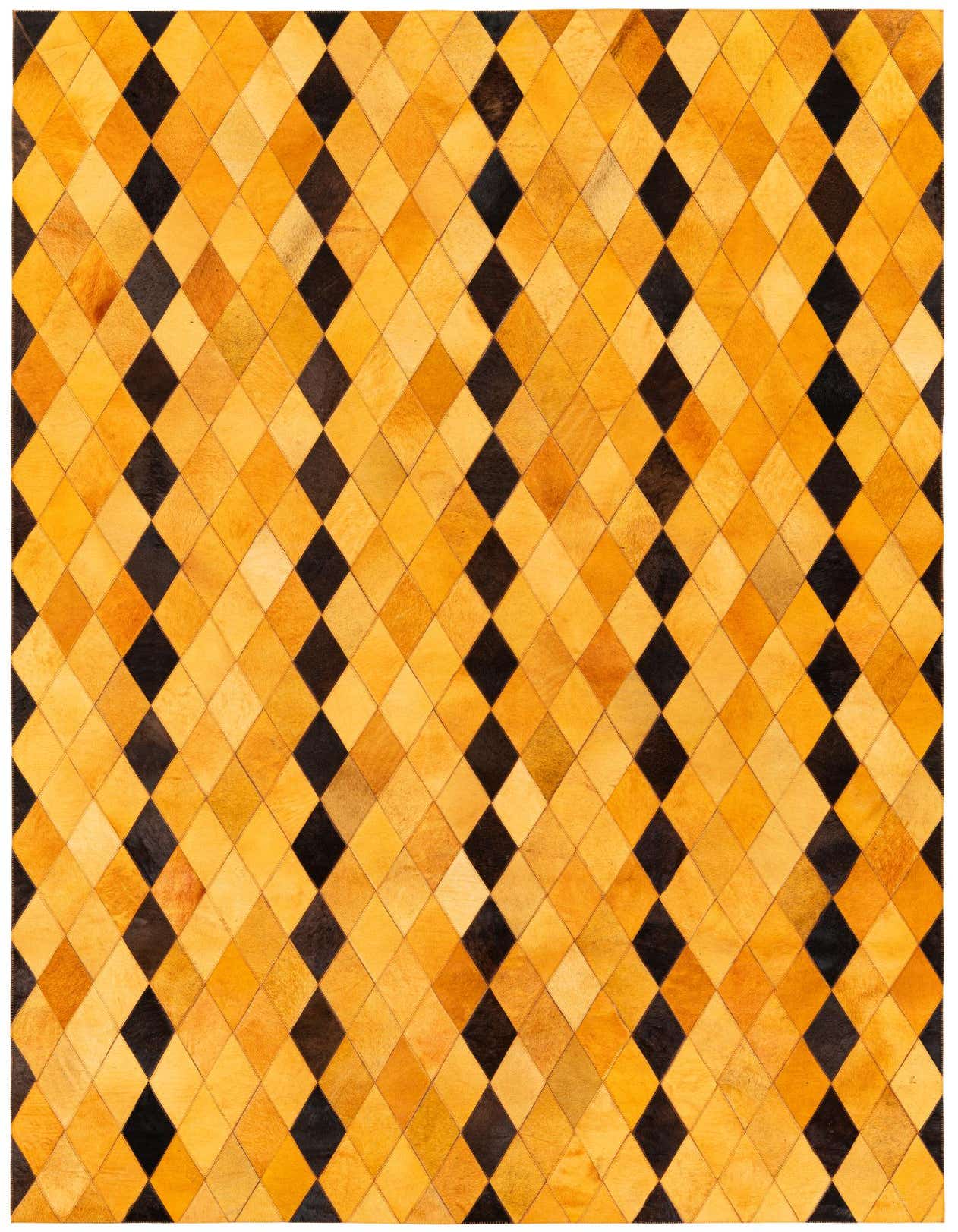 A 5x8 rectangular Cowhide Stocks rug by Rugs.com with a modern yellow and black diamond pattern.