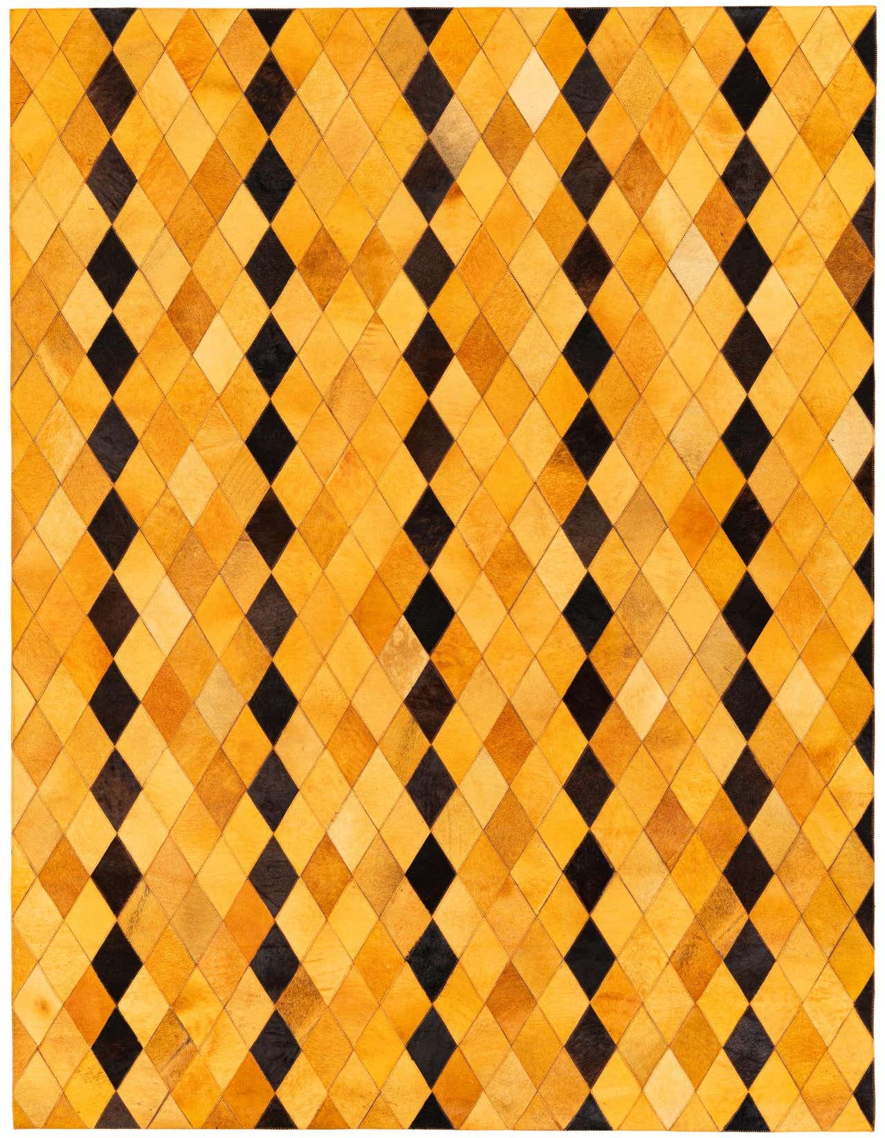 A 5x8 rectangular Cowhide Stocks rug featuring a modern diamond pattern in varying shades of yellow and gold, interspersed with black diamonds, suitable for a living room.