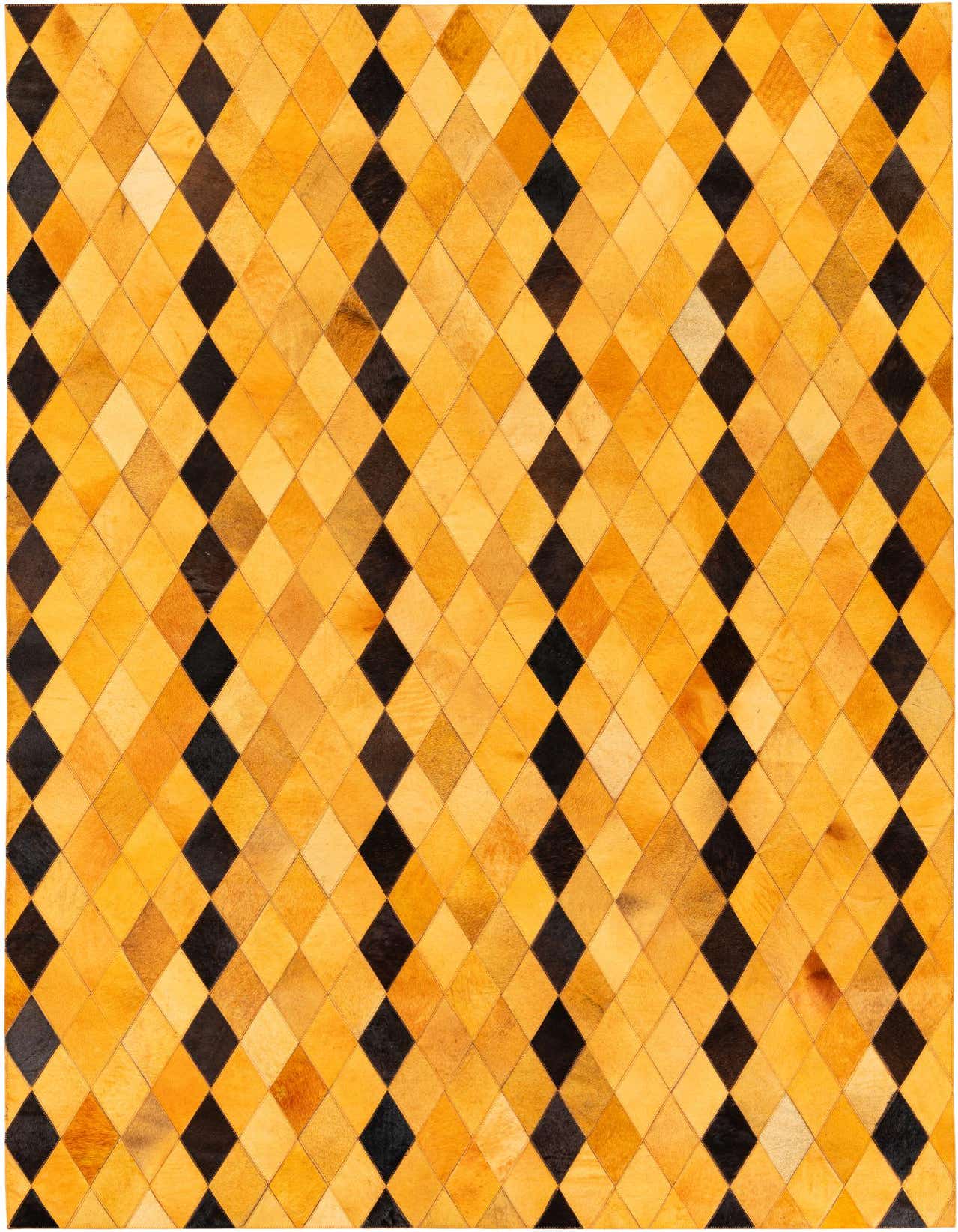 A 5x8 rectangular Cowhide Stocks rug from Rugs.com featuring a modern diamond pattern in varying shades of yellow and black.