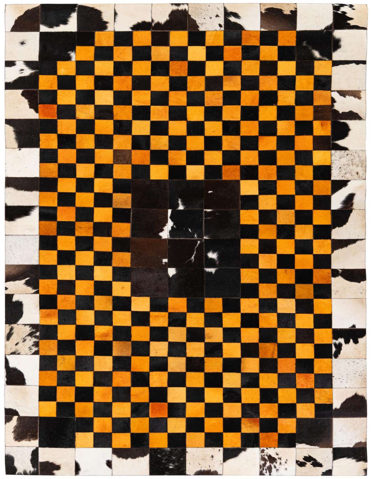 A 5x8 rectangular modern rug made from cowhide and leather, featuring a checkerboard pattern of black and gold squares, bordered by black and white cowhide patches.