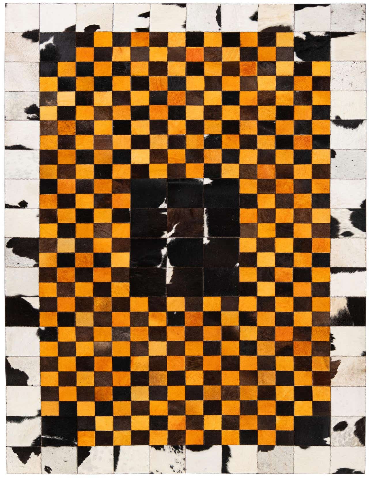 A 5x8 rectangular modern cowhide rug featuring a central yellow and black checkerboard pattern, bordered by white and black cowhide patches.