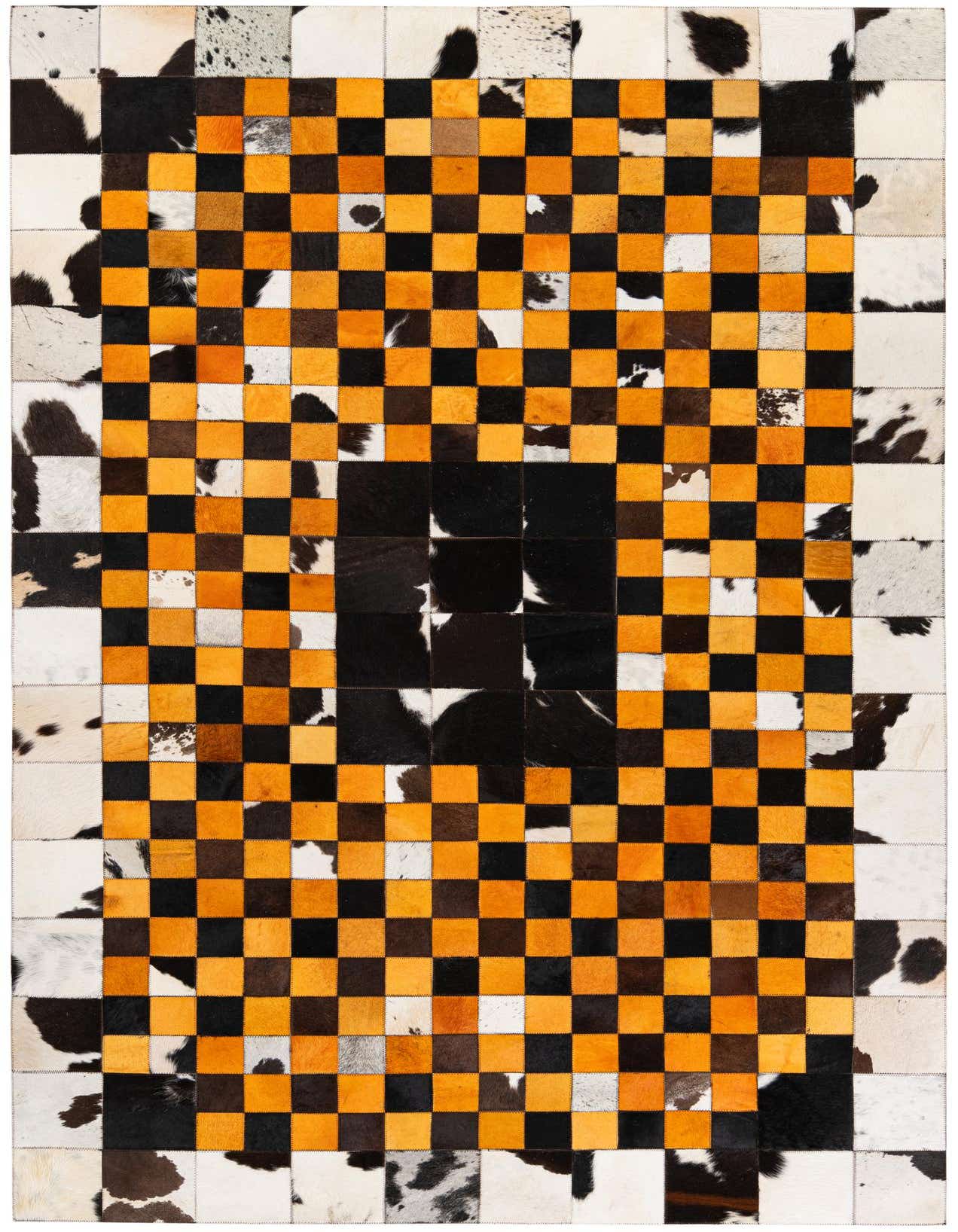 A rectangular 5x8 modern Cowhide Stocks rug featuring a checkerboard pattern of yellow, black, and white patches.