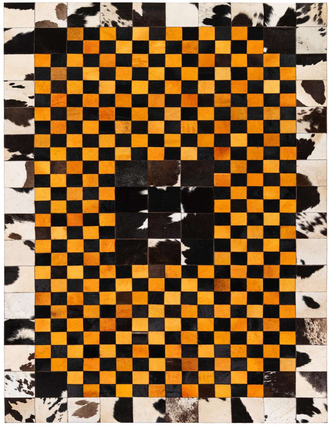 A 5x8 rectangular Cowhide Stocks rug by Rugs.com. It features a bold yellow and black checkerboard pattern bordered by natural cowhide patches in black, white, and brown tones.