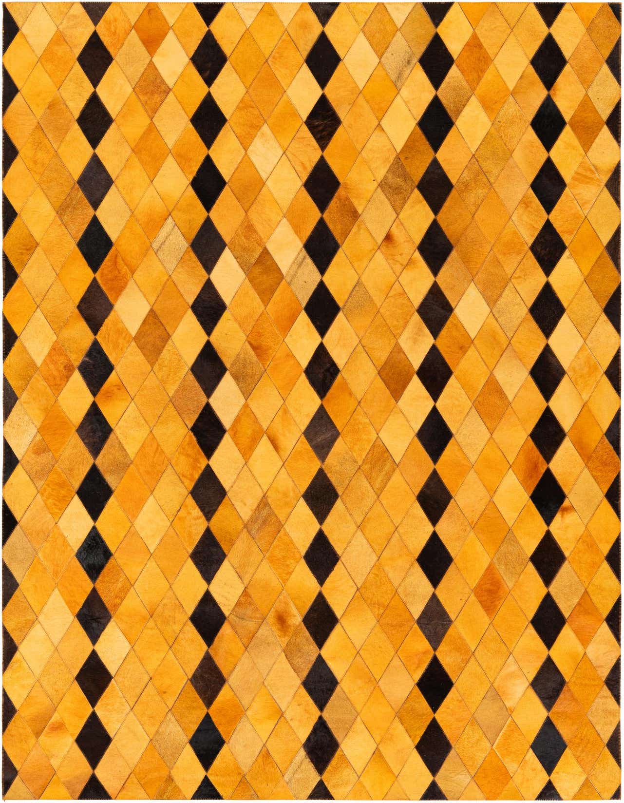 A 5x8 rectangular cowhide rug featuring a modern geometric pattern of alternating yellow/gold and black diamond shapes.