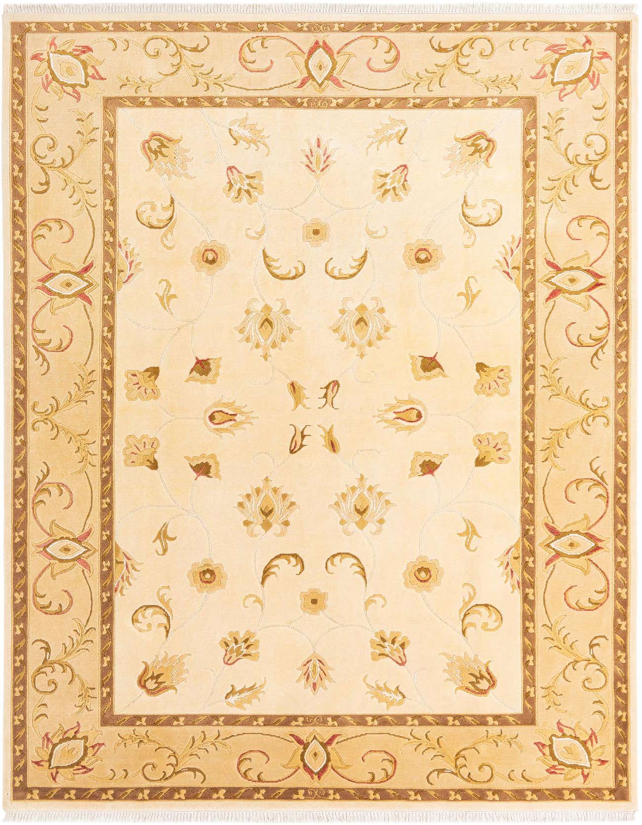 A 7x10 rectangular yellow modern wool rug with an intricate floral and vine pattern in gold and red hues, featuring a decorative border.