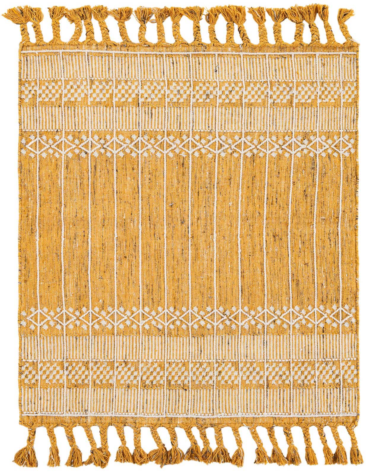 A 4x6 rectangular Eco Bohemian rug in yellow and white, featuring a modern stripe and geometric pattern with braided tassels.
