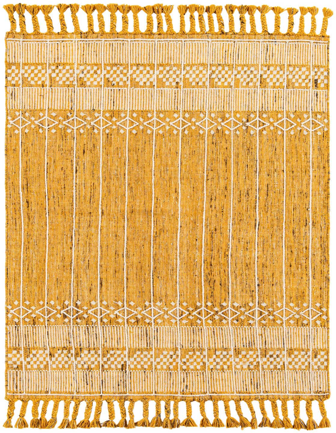 A 5x8 rectangular Eco Bohemian rug in yellow and white, featuring a modern striped and geometric pattern with braided tassels.