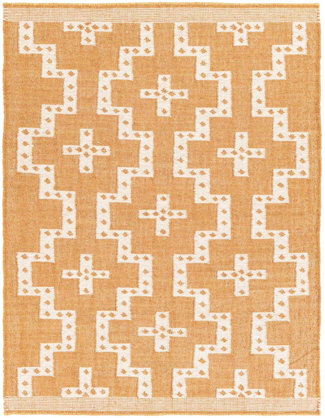 A 4x6 rectangular Kilim Jute rug with a tribal geometric pattern in yellow-gold and off-white, suitable for indoor spaces.
