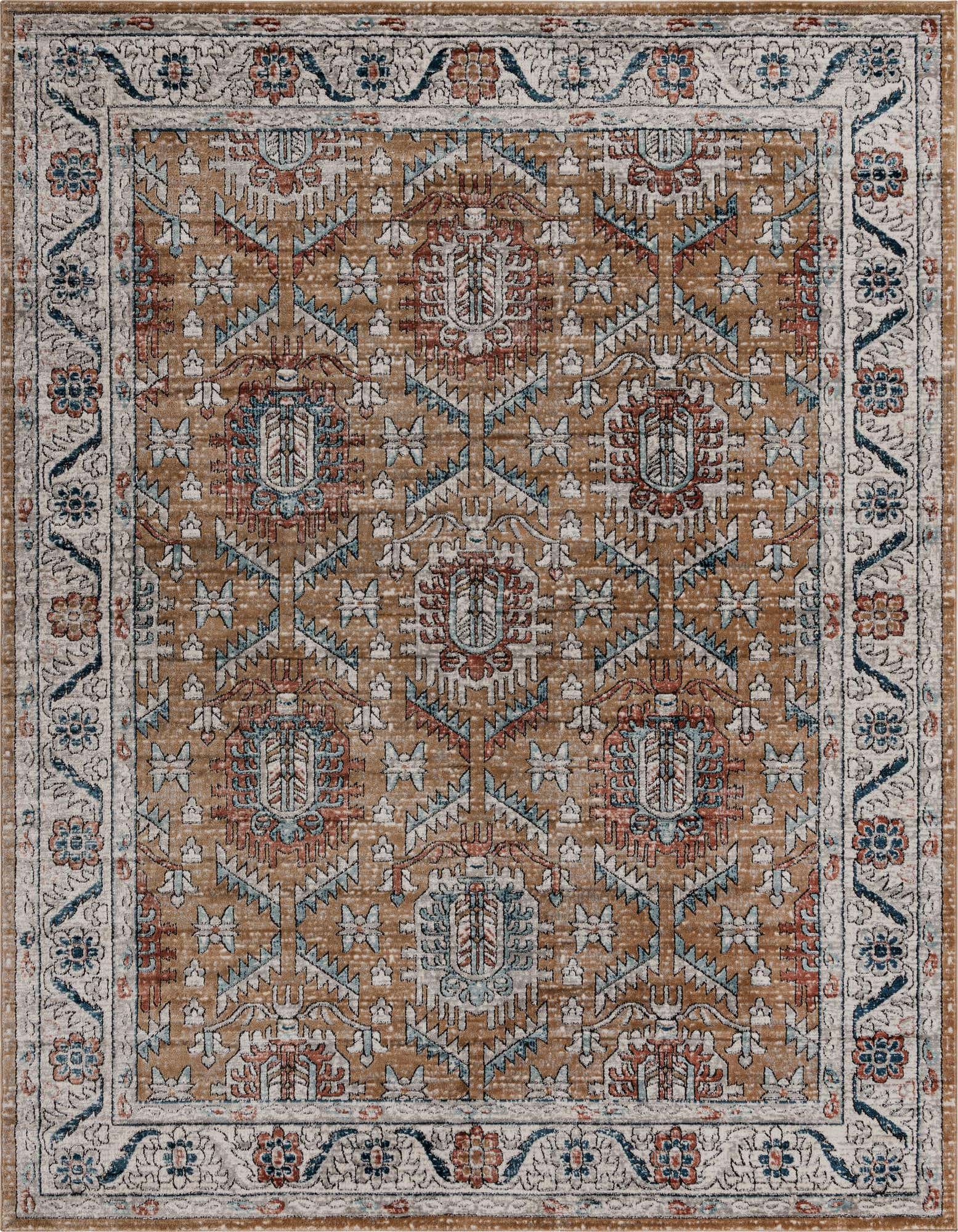 A 9x12 rectangular Nyla rug in yellows/golds with a traditional medallion and floral border pattern, suitable for a living room.