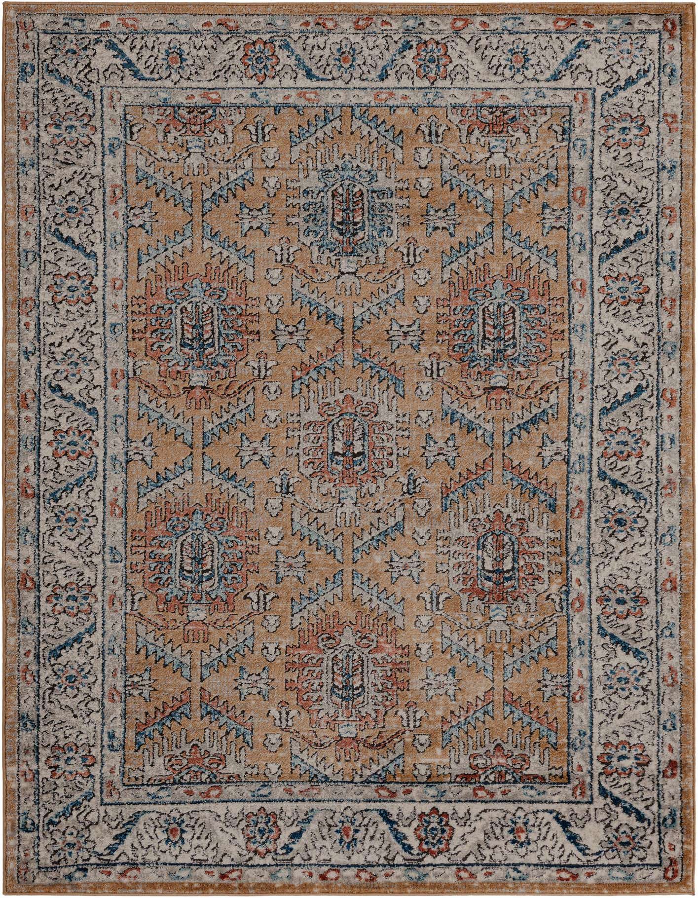 A 5x8 rectangular yellow and gold traditional rug with blue and red medallion patterns, ideal for a living room.