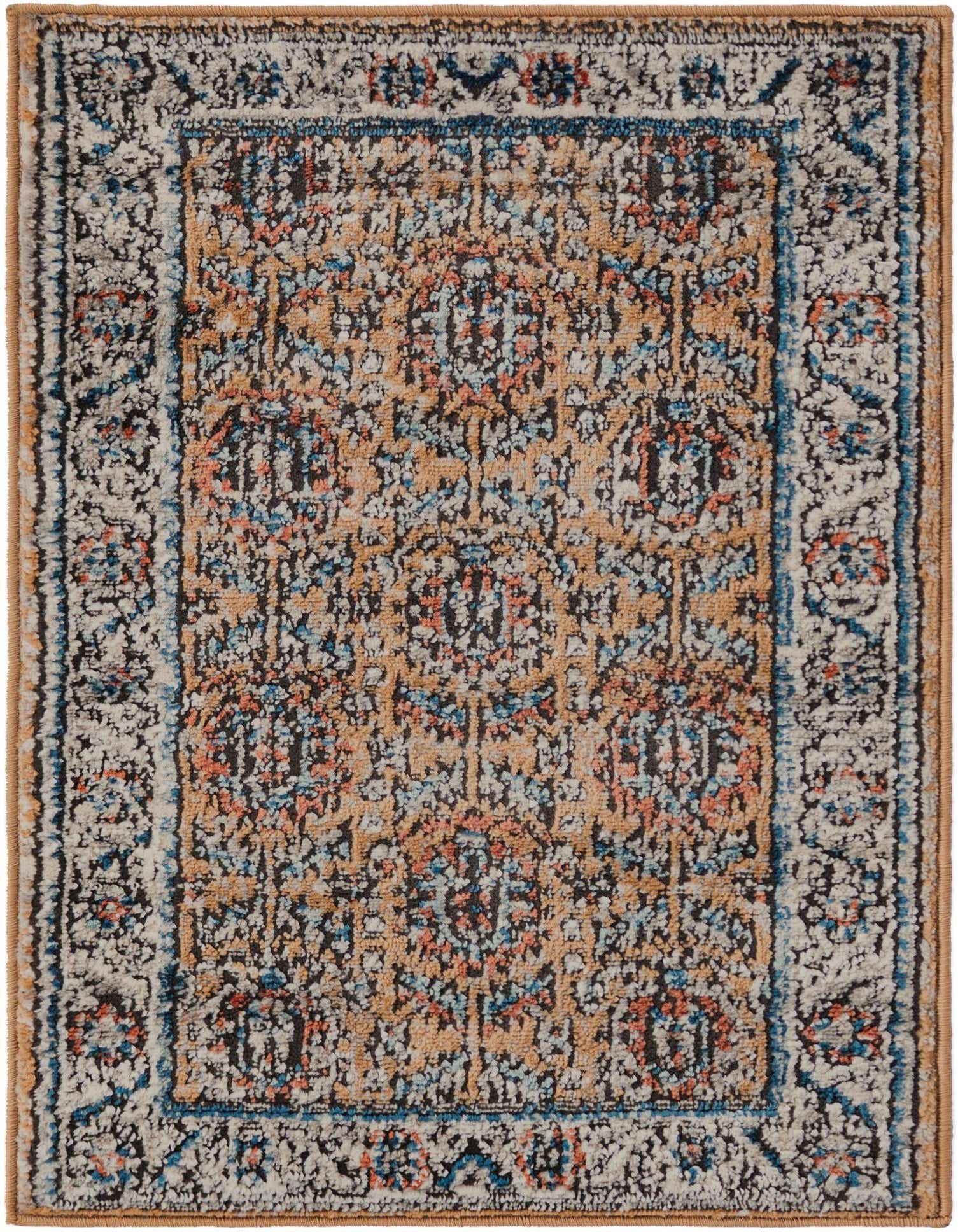 A 2x3 rectangular Nyla rug featuring a distressed traditional medallion pattern in yellow, gold, blue, and black tones, with a textured high-low pile.