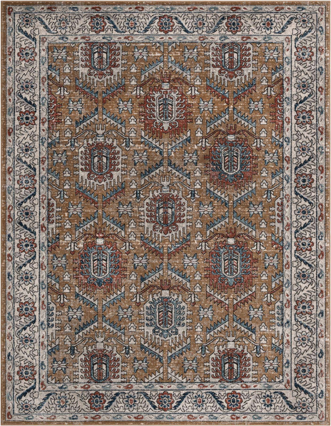 A 7x10 rectangular Nyla rug featuring a distressed gold background with intricate red, blue, and white traditional patterns and a decorative border.