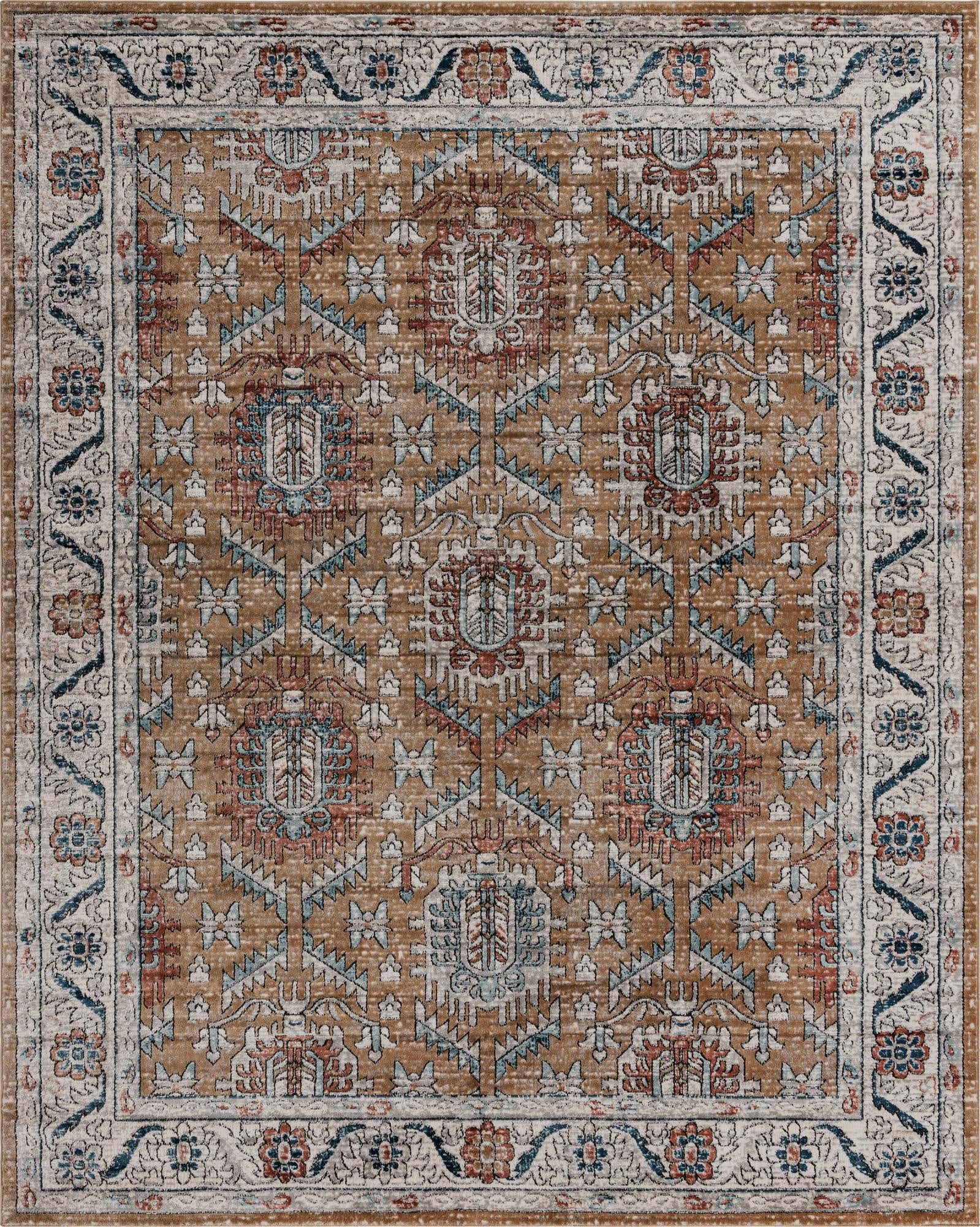 A 9x12 rectangular Nyla rug in yellows/golds with a traditional medallion and floral border pattern, suitable for a living room.